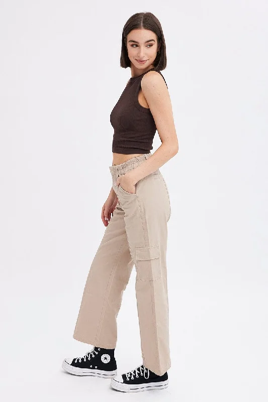 Beige Cargo Pants Mid Rise