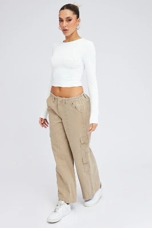 Beige Cargo Pants Mid Rise