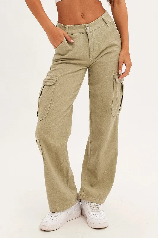 Beige Cargo Parachute Low Rise Pants