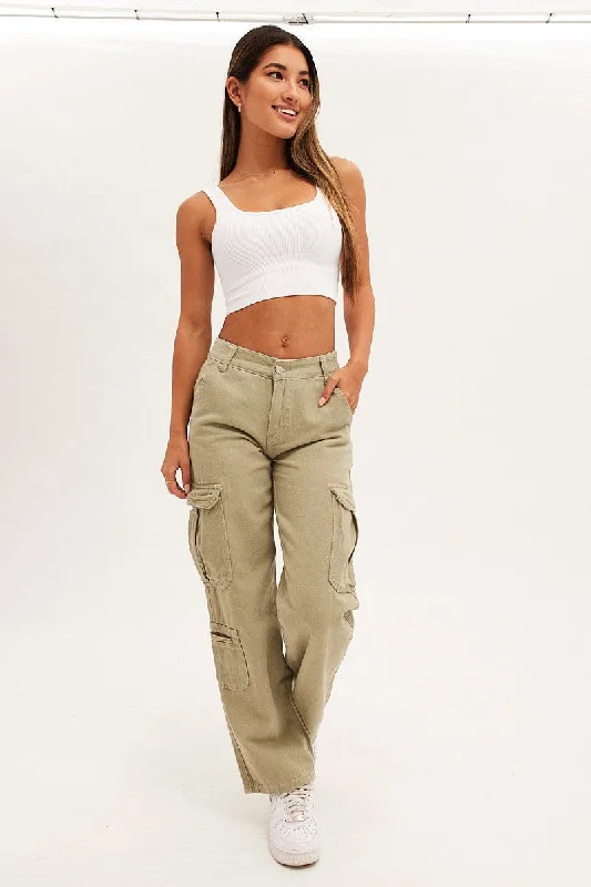 Beige Cargo Parachute Low Rise Pants