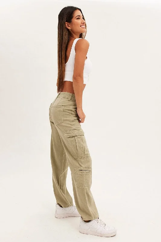 Beige Cargo Parachute Low Rise Pants