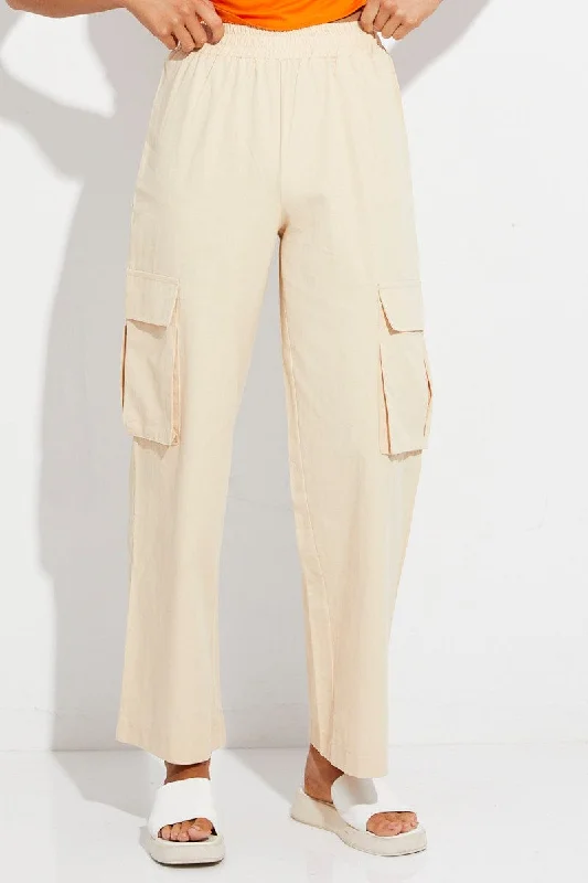 Beige Elastic Waist High Rise Wide Leg Cargo Pants