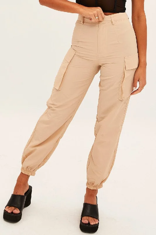 Beige High Rise Wide Leg Cargo Pants