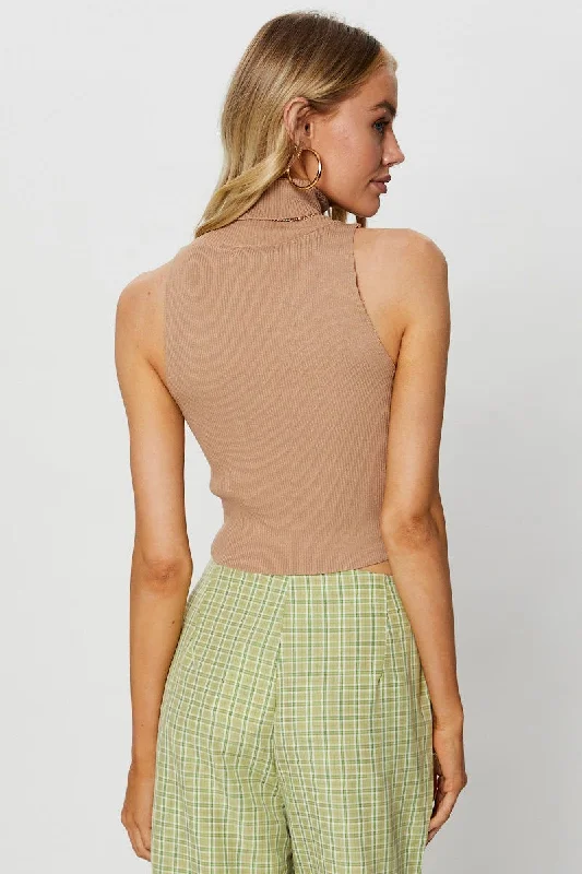 Beige Knit Top Sleeveless Turtleneck