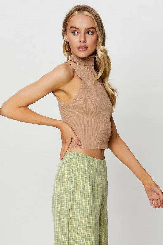 Beige Knit Top Sleeveless Turtleneck