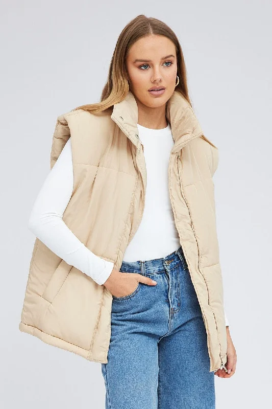 Beige Puffer Sleeveless Zip Thru