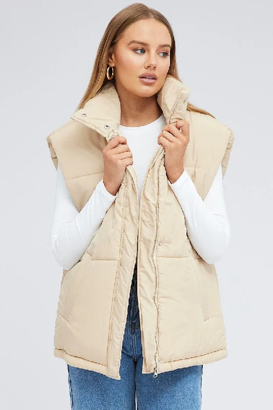 Beige Puffer Sleeveless Zip Thru