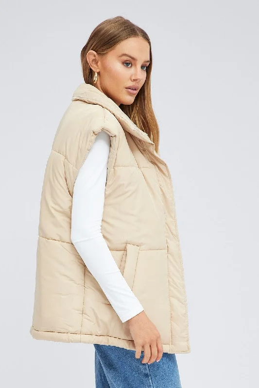 Beige Puffer Sleeveless Zip Thru