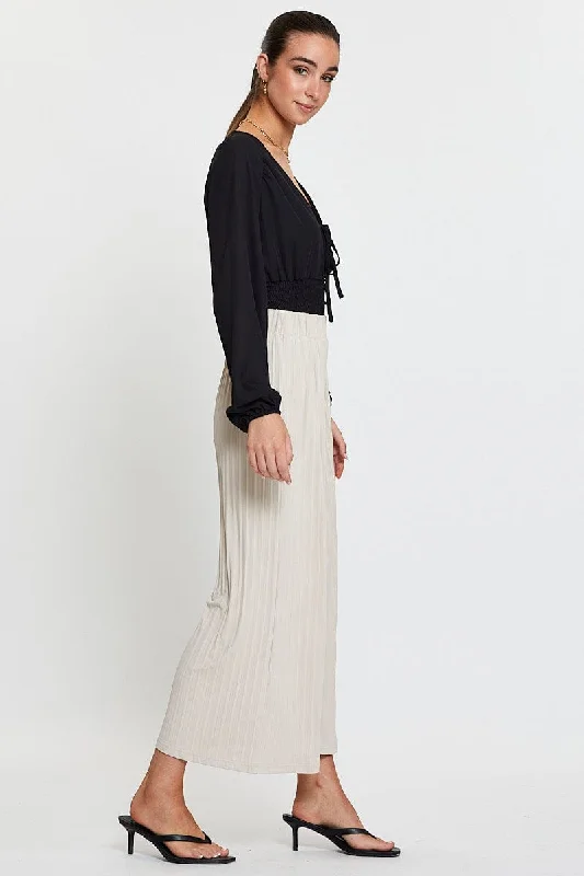 Beige Ribbed Pants High Rise Wide Leg