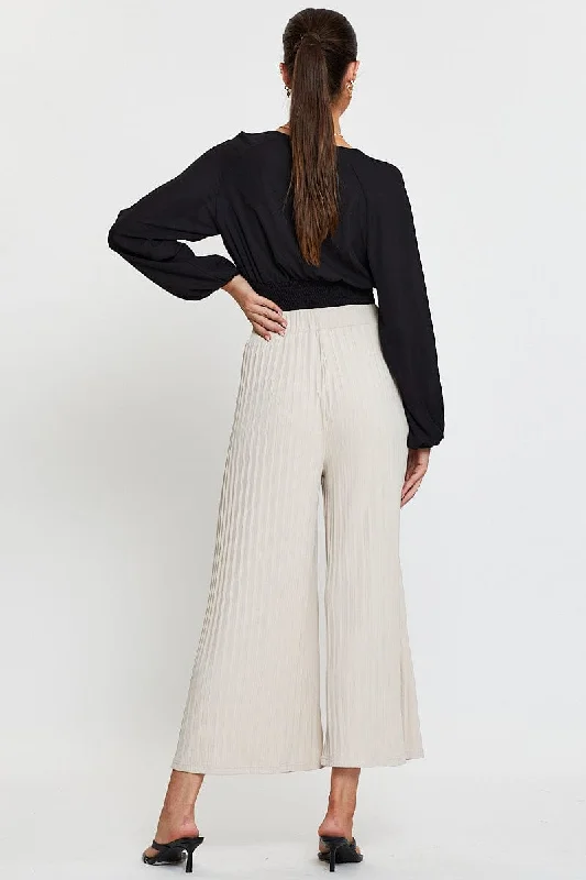 Beige Ribbed Pants High Rise Wide Leg