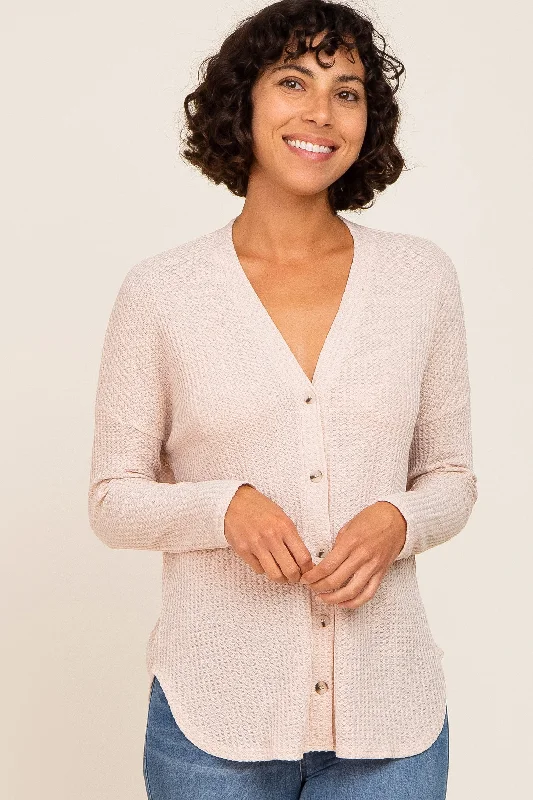 Beige Waffle Knit Button Down Top