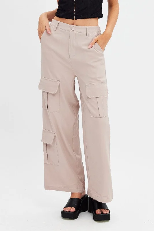 Beige Wide Leg Pants Cargo Pockets