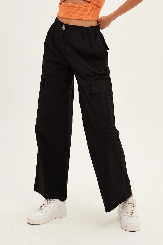 Black Cargo Pants Wide Leg Mid Rise