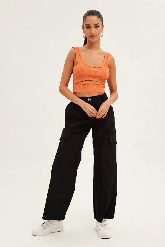 Black Cargo Pants Wide Leg Mid Rise