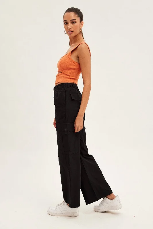 Black Cargo Pants Wide Leg Mid Rise