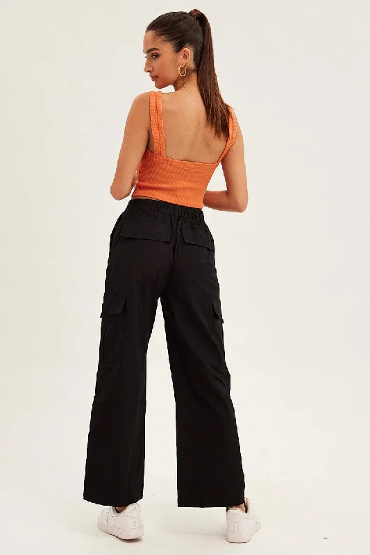 Black Cargo Pants Wide Leg Mid Rise