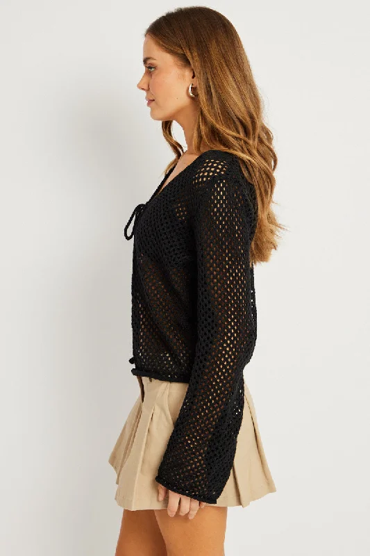 Black Crochet Cardigan Long Sleeve V Neck Tie Up