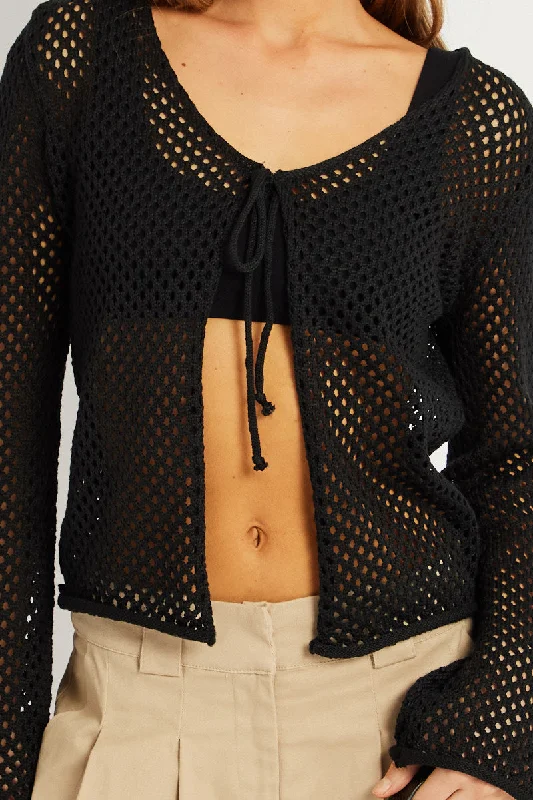 Black Crochet Cardigan Long Sleeve V Neck Tie Up