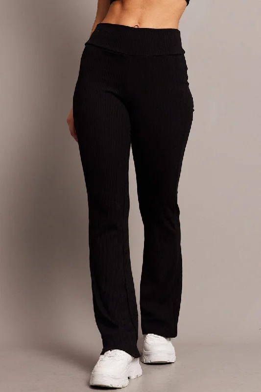 Black Fold Back Flare Leg Pants