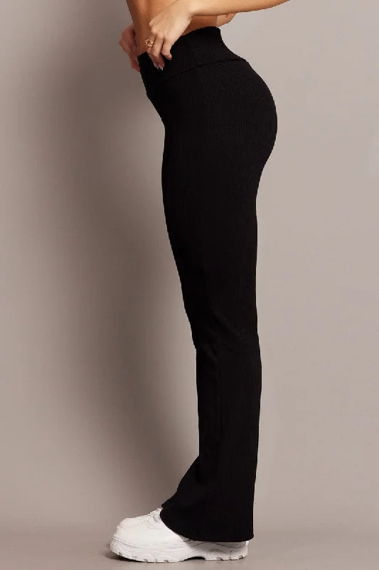 Black Fold Back Flare Leg Pants