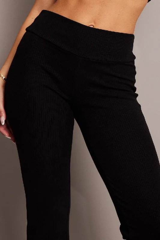 Black Fold Back Flare Leg Pants