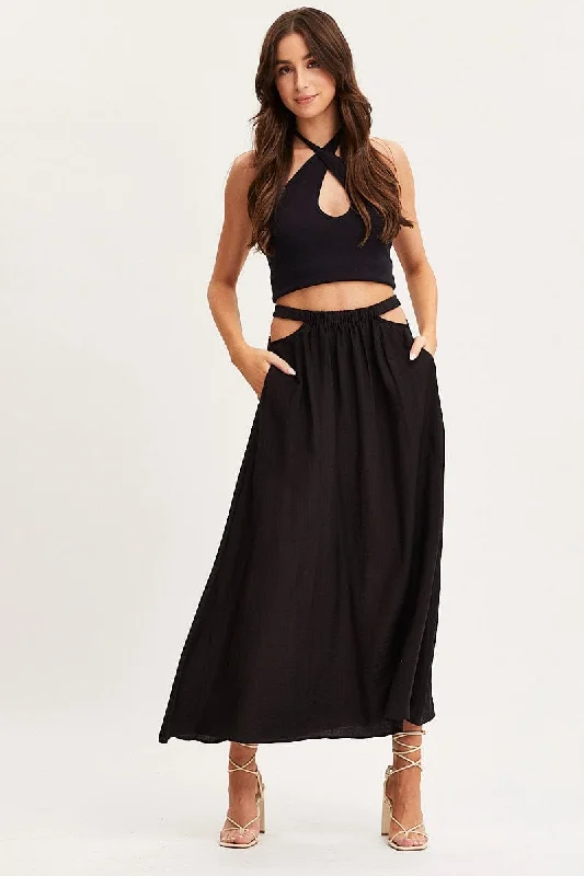 Black Maxi Skirt High Rise Cut Out