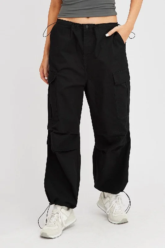 Black Parachute Pants Low Rise