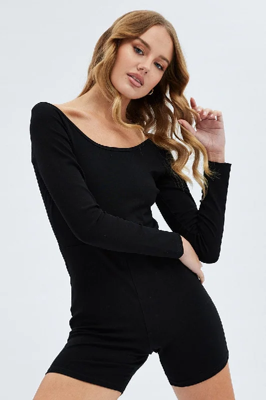 Black Romper Scoop Neck Long Sleeve Cotton Playsuit