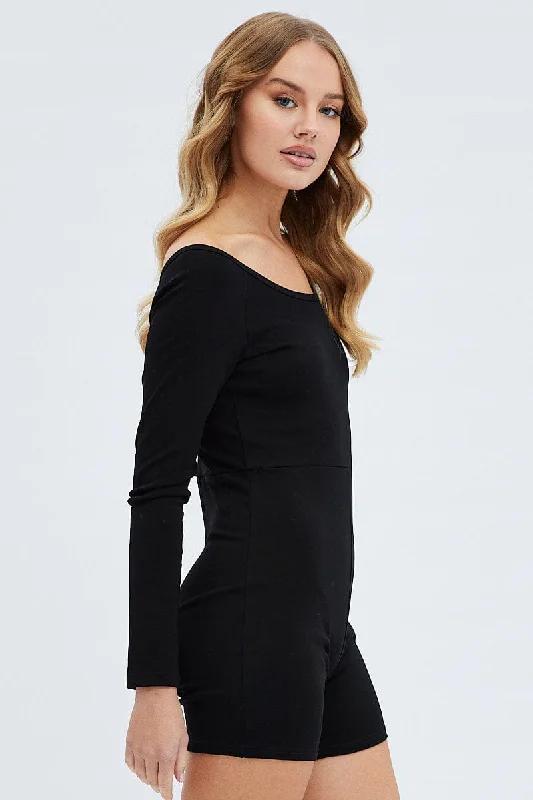 Black Romper Scoop Neck Long Sleeve Cotton Playsuit