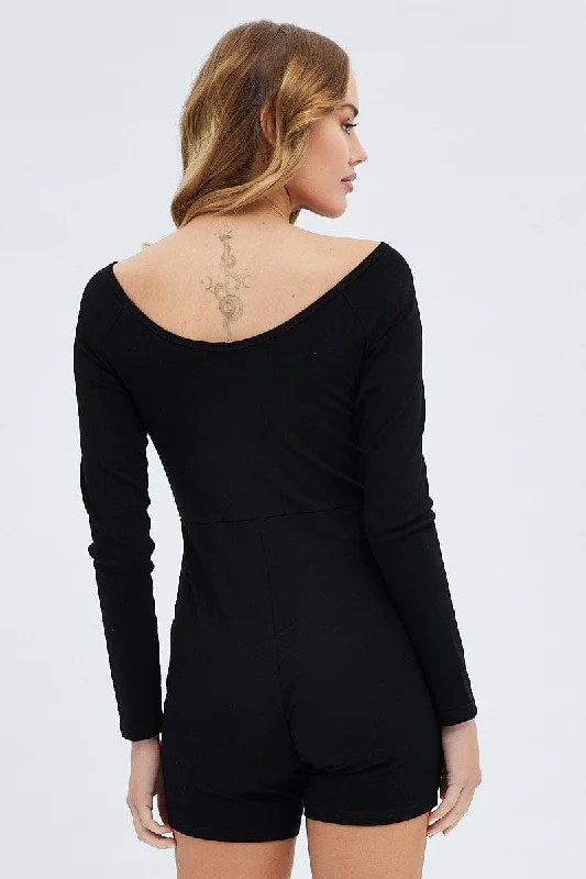 Black Romper Scoop Neck Long Sleeve Cotton Playsuit