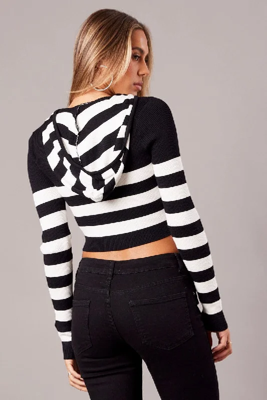 Black Stripe Hooded Knit Cardigan Long Sleeve