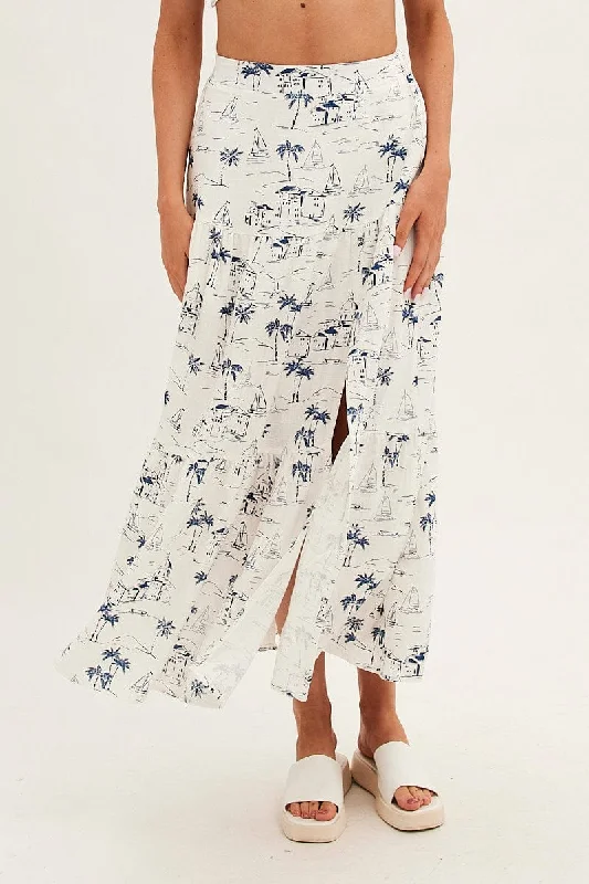 Blue Abstract Maxi Skirt High Waist Split Tiered Printed