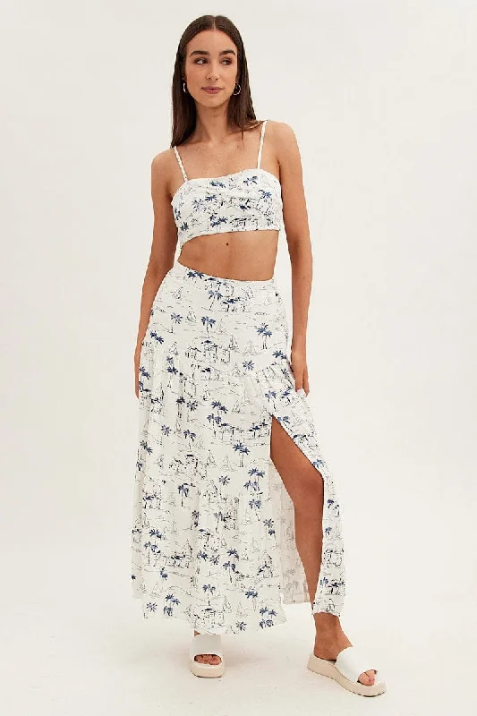 Blue Abstract Maxi Skirt High Waist Split Tiered Printed