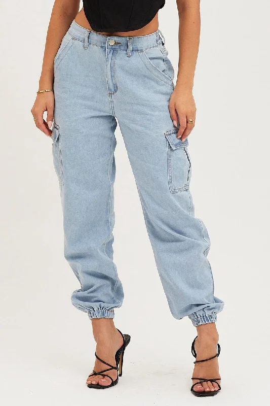 Blue Cargo Jeans High Rise Denim