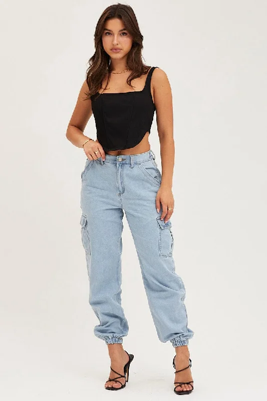 Blue Cargo Jeans High Rise Denim