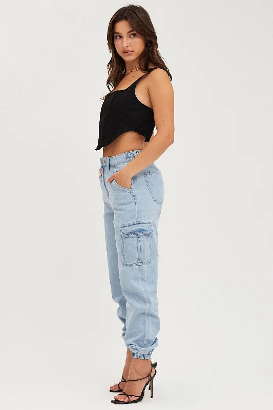 Blue Cargo Jeans High Rise Denim