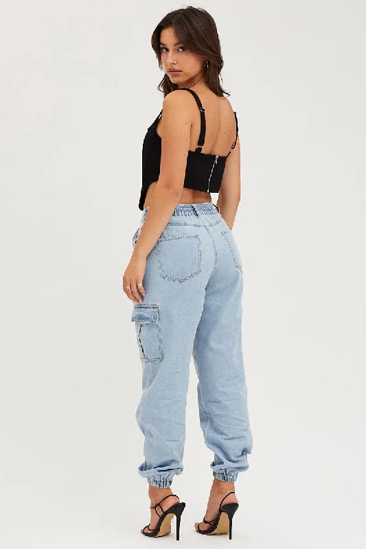 Blue Cargo Jeans High Rise Denim