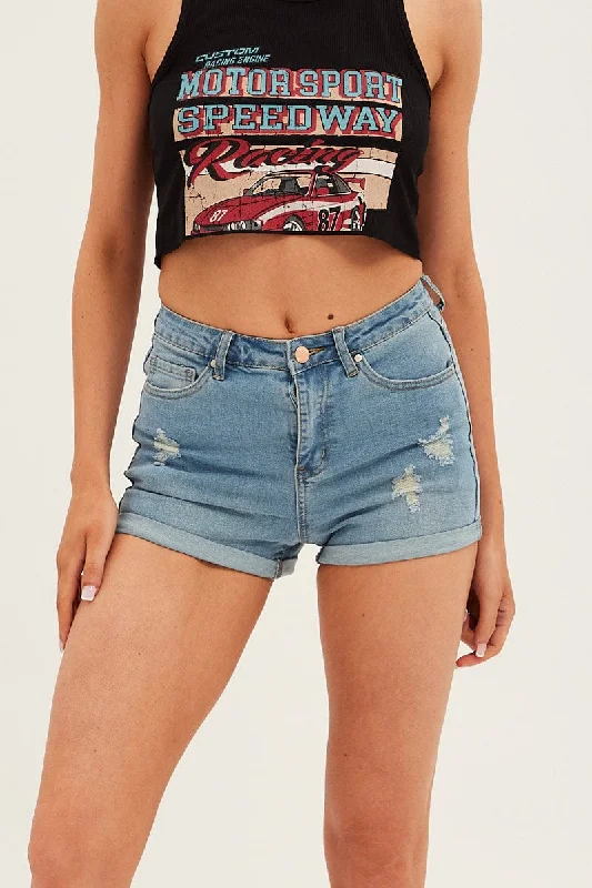 Blue Denim Shorts High Rise Skinny