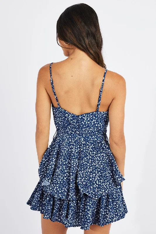 Blue Floral Fit And Flare Playsuit Square Neck