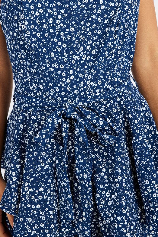 Blue Floral Fit And Flare Playsuit Square Neck