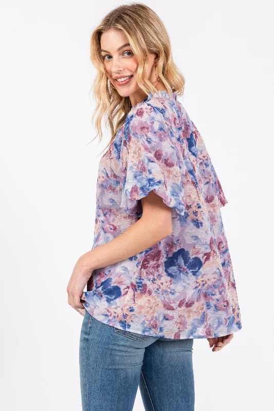 Blue Floral Puff Sleeve Blouse