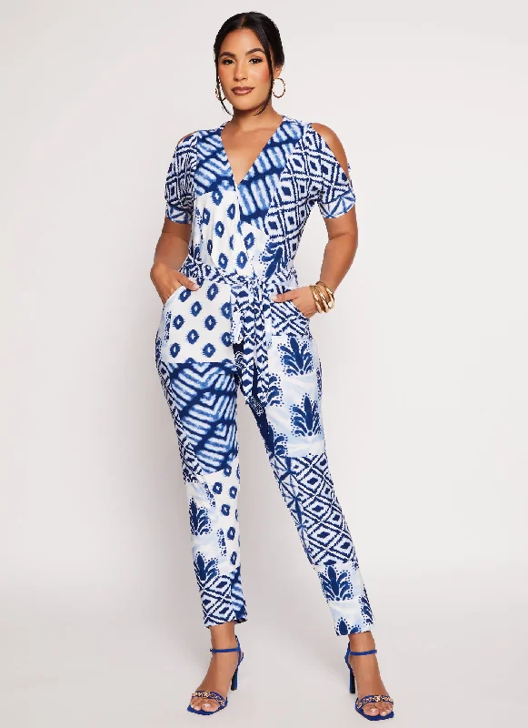 Patterned Cold Shoulder Jumpsuit