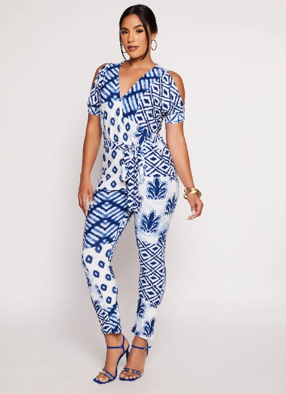 Patterned Cold Shoulder Jumpsuit