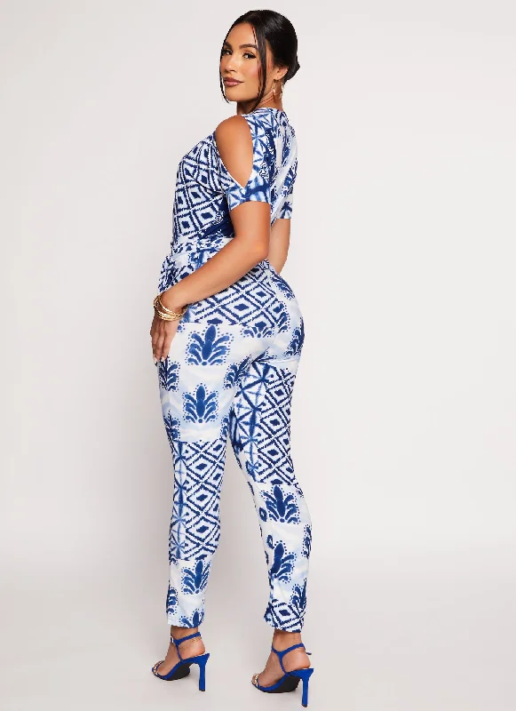 Patterned Cold Shoulder Jumpsuit