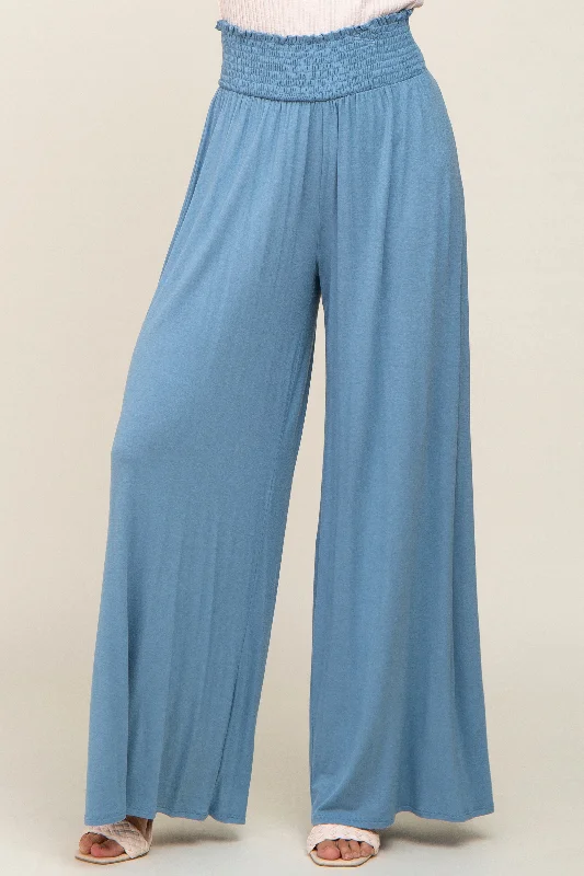 Blue Smocked Waist Flowy Pants