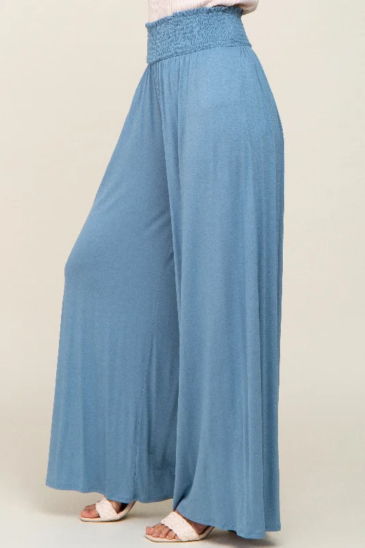 Blue Smocked Waist Flowy Pants