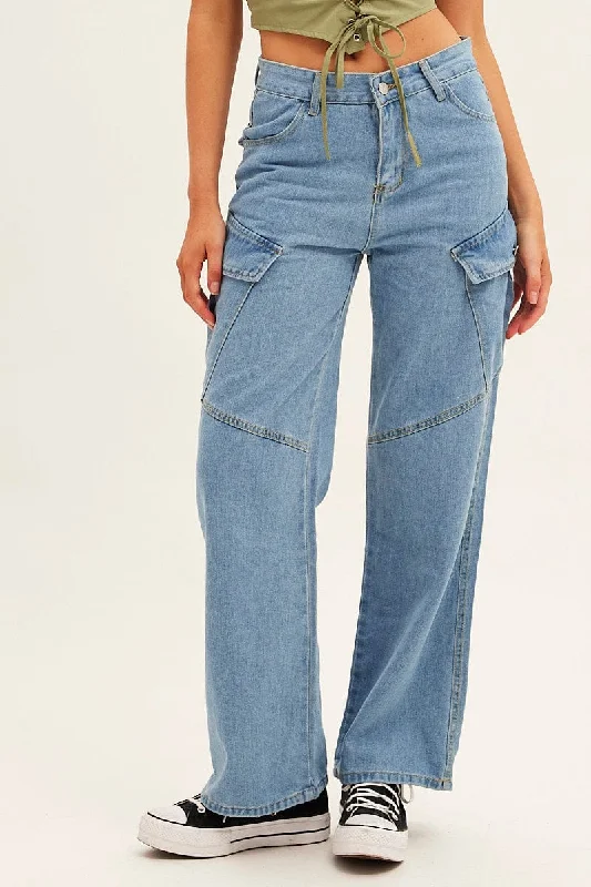 Blue Wide Leg Cargo Pants