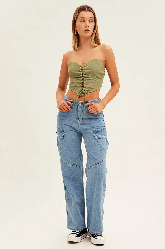 Blue Wide Leg Cargo Pants