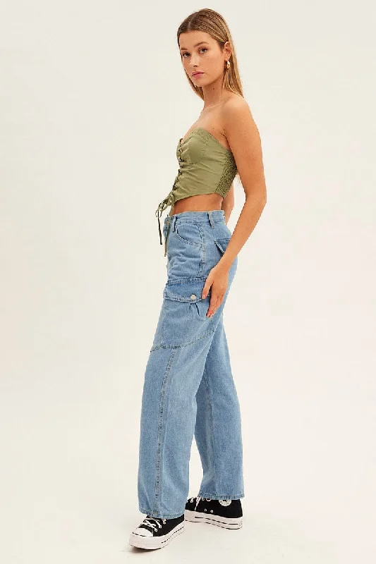 Blue Wide Leg Cargo Pants