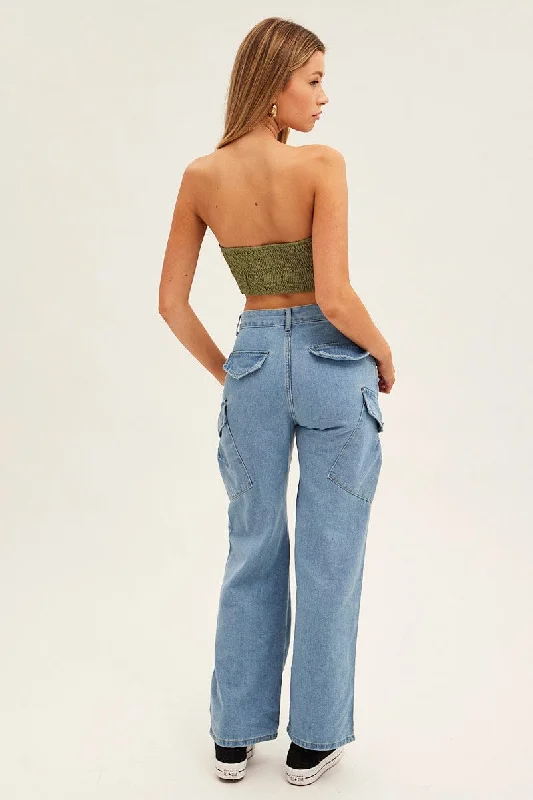 Blue Wide Leg Cargo Pants